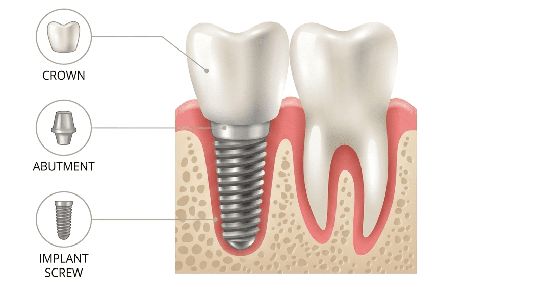 Dental implant components — crown, abutment, and implant post